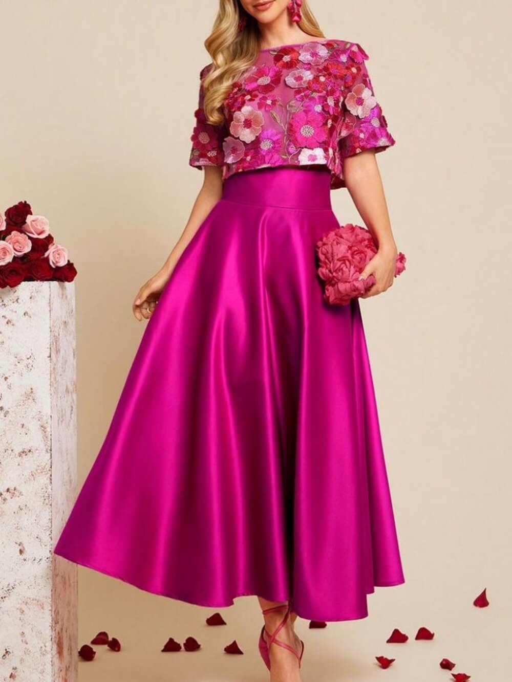 Elegant Fuchsia Pink  Embroidered Blouse & A-Line Skirt 2-Piece Set